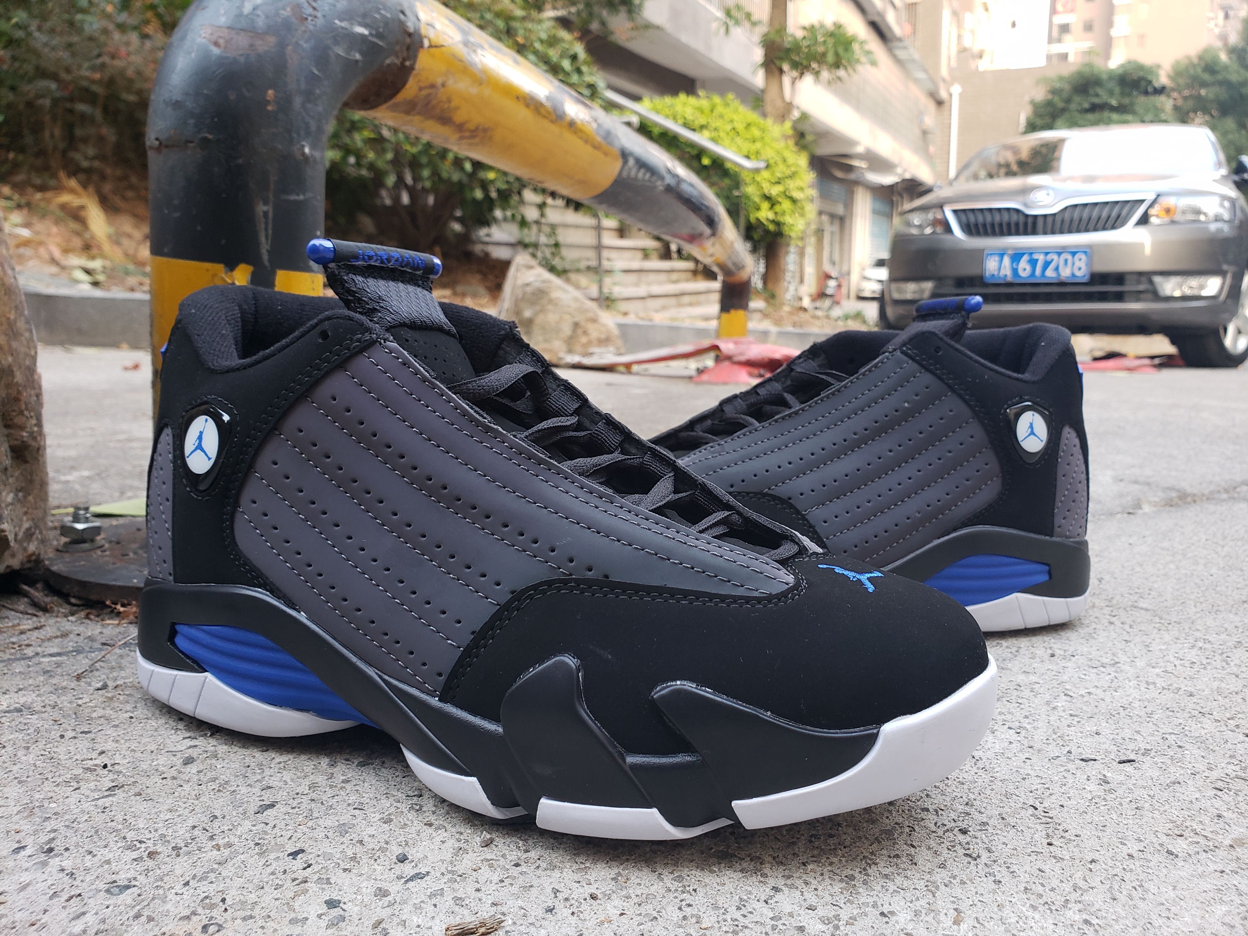 2019 Men Jordan 14 Black Grey Blue White Shoes